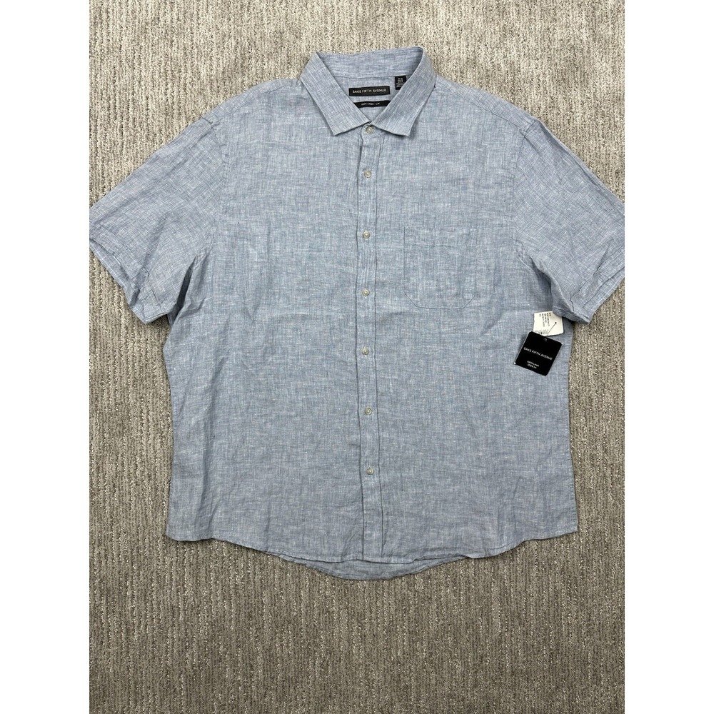 Saks Fifth Avenue Shirt Mens 2XL Blue 100% Linen Short Sleeve Button Up Casual